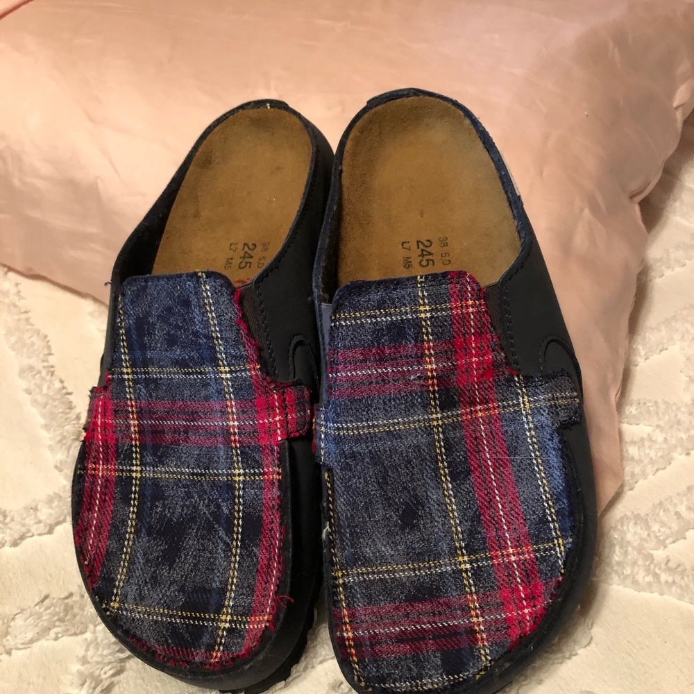 Birkenstock clogs plaid blue leather